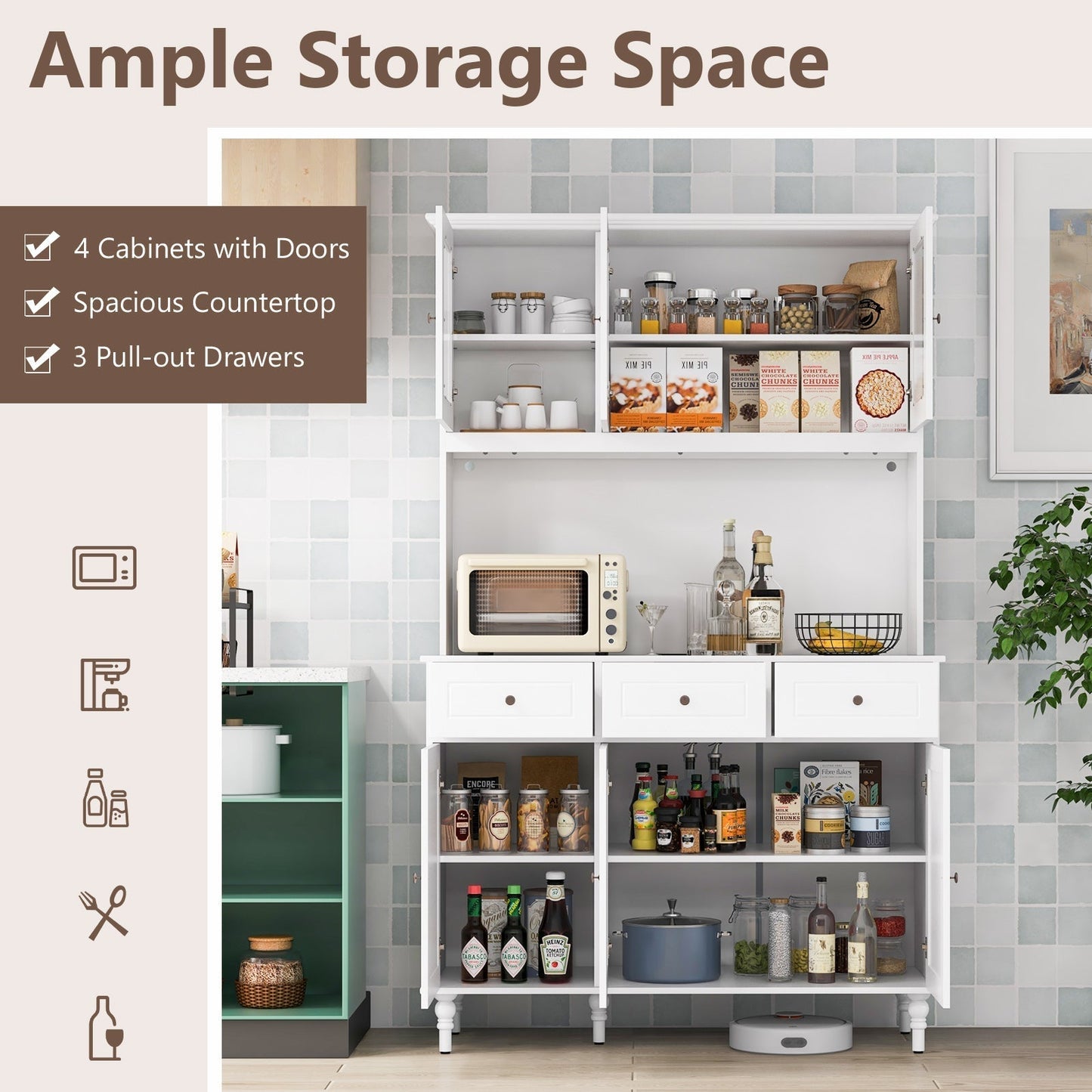 Costway Kitchen Pantry Storage Cabinet 77" with LED Lights and Power Outlets New - JV11631US-WH+