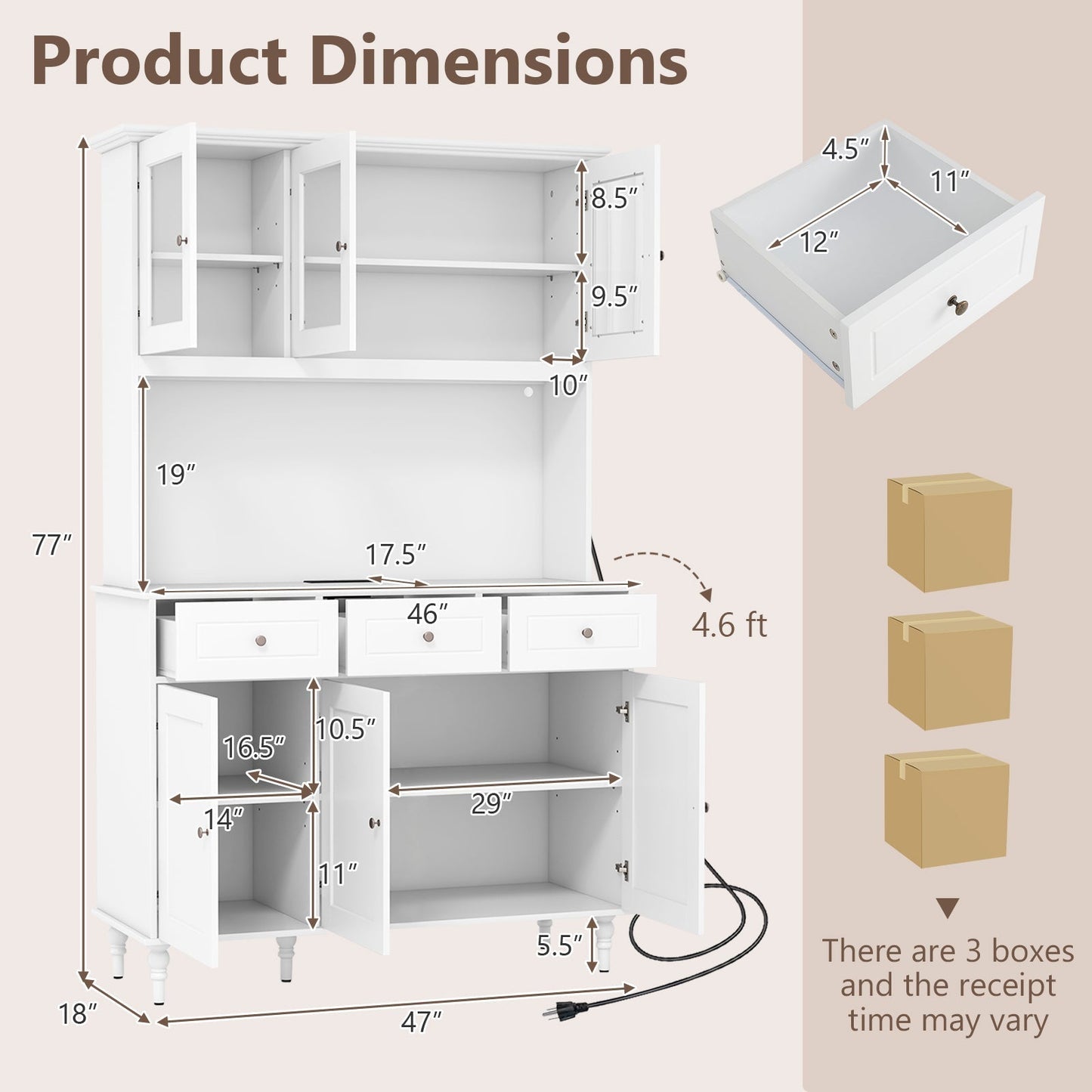 Costway Kitchen Pantry Storage Cabinet 77" with LED Lights and Power Outlets New - JV11631US-WH+