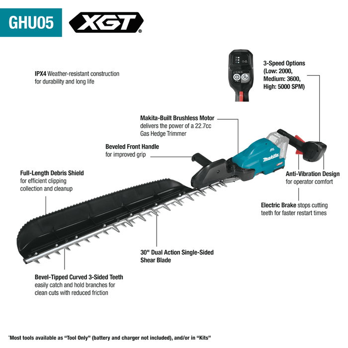 Makita 40V Max XGT Brushless Cordless 30" Single‑Sided Hedge Trimmer Kit 4.0Ah - GHU05M1