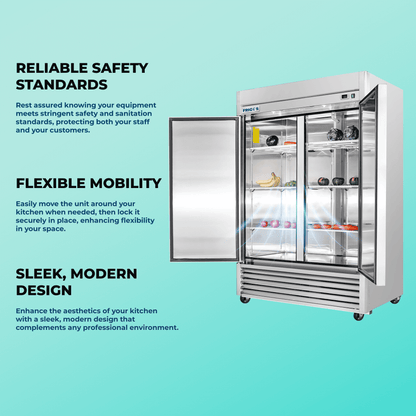 Frigos Commercial Reach in Freezer 54" Width Solid 2 Door 47 Cu Ft with Aluminum Interior with 304 Stainless Steel Floor - FG-FZ-2D