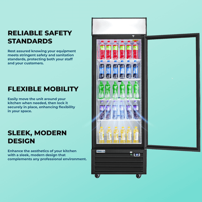 Frigos Merchandiser Refrigerator 27" Width Black Swing Glass 1 Door with LED Lighting with Aluminum Interior with 304 Stainless Steel Floor - FG-MR-1D-G