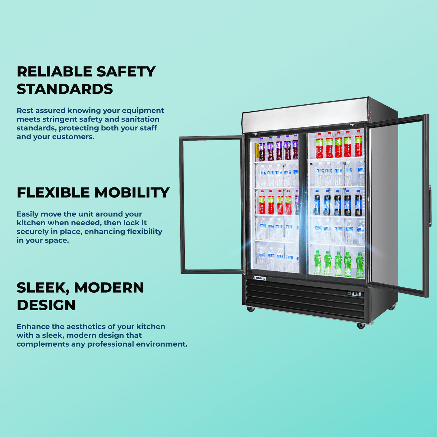 Frigos Merchandiser Refrigerator 54" Width Black Swing Glass 2 Door with LED Lighting with Aluminum Interior with 304 Stainless Steel Floor - FG-MR-2D-G