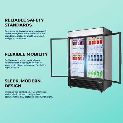 Frigos Merchandiser Refrigerator 54" Width Black Swing Glass 2 Door with LED Lighting with Aluminum Interior with 304 Stainless Steel Floor - FG-MR-2D-G
