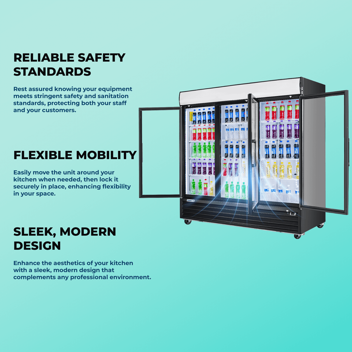 Frigos Commercial Merchandising Refrigerator 80" Width Black Swing Glass 3 Door with LED Lighting with Aluminum Interior with 304 Stainless Steel Floor - FG-MR-3D-G