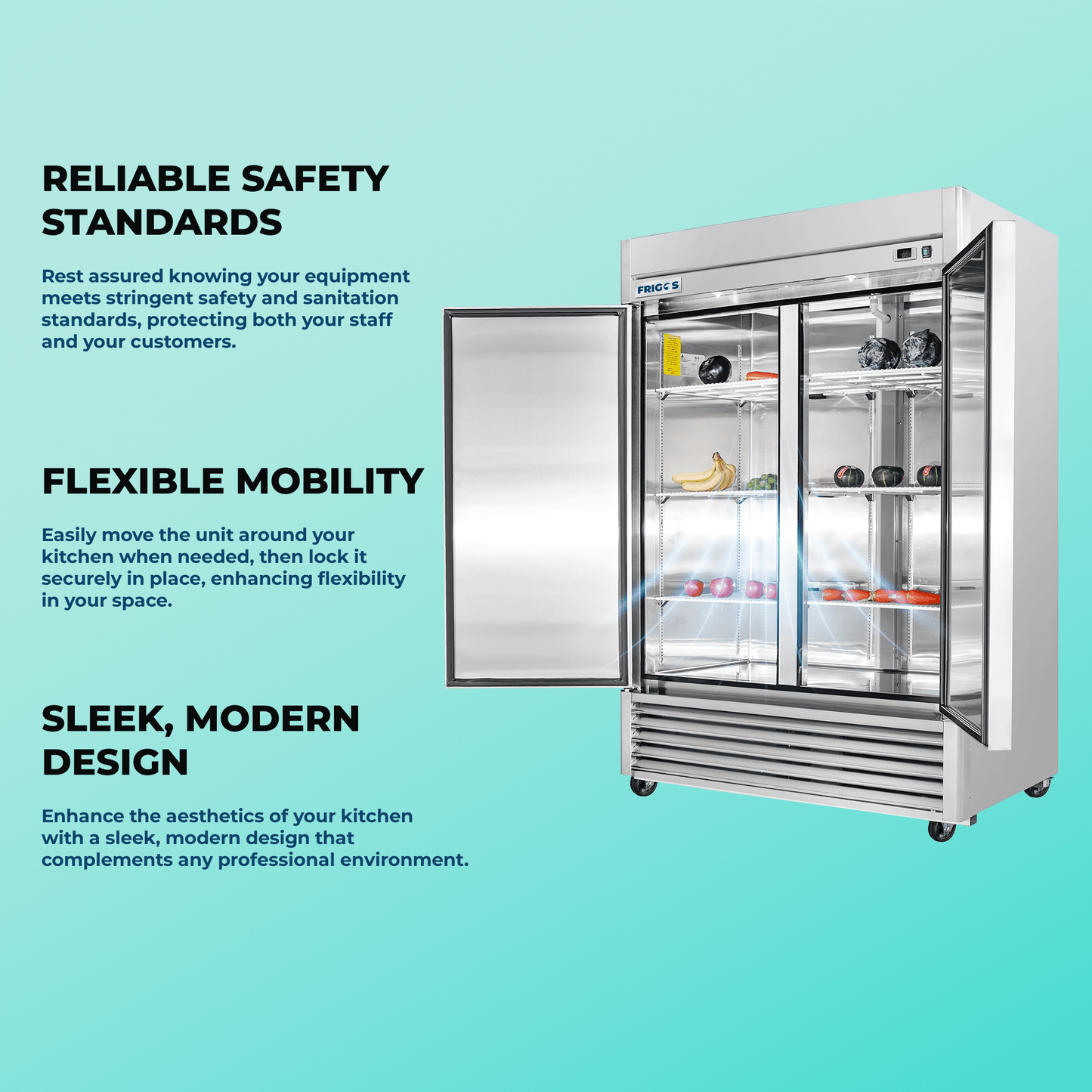 Frigos Commercial Reach in Refrigerator 54" Width Solid 2 Door 47 Cu Ft with Aluminum Interior with 304 Stainless Steel Floor - FG-RF-2D