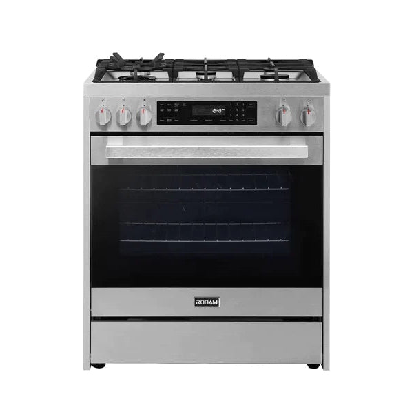 ROBAM 3-Piece Appliance Package - 30-Inch 5 Cu. Ft. Oven Freestanding Gas Range, Under Cabinet/Wall Mounted Range Hood and Dishwasher in Stainless Steel - AP3-7GG10-A671