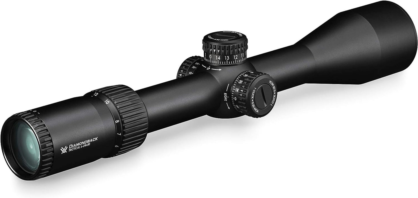 Vortex Optics Diamondback Tactical 6-24x50 EBR-2C (MOA) 30mm Tube Riflescope ( DBK-10028) with 30mm High Rings (1.18in) Set and Free Black Camo Hat Bundle - DBK-10028_TRH-2Pk_121-53-BCA