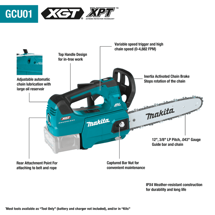 Makita 40V MAX XGT Brushless Cordless 12 In. Top Handle Chain Saw Kit - GCU01M1