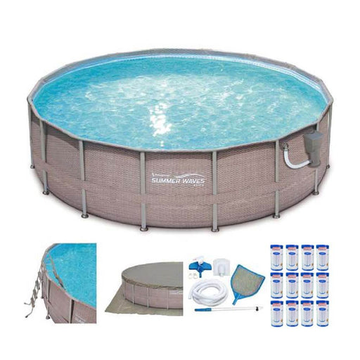 Summer Waves Elite Wicker Print 16'x4' Above Ground Pool + Pump + 12 Cartridges - 80806