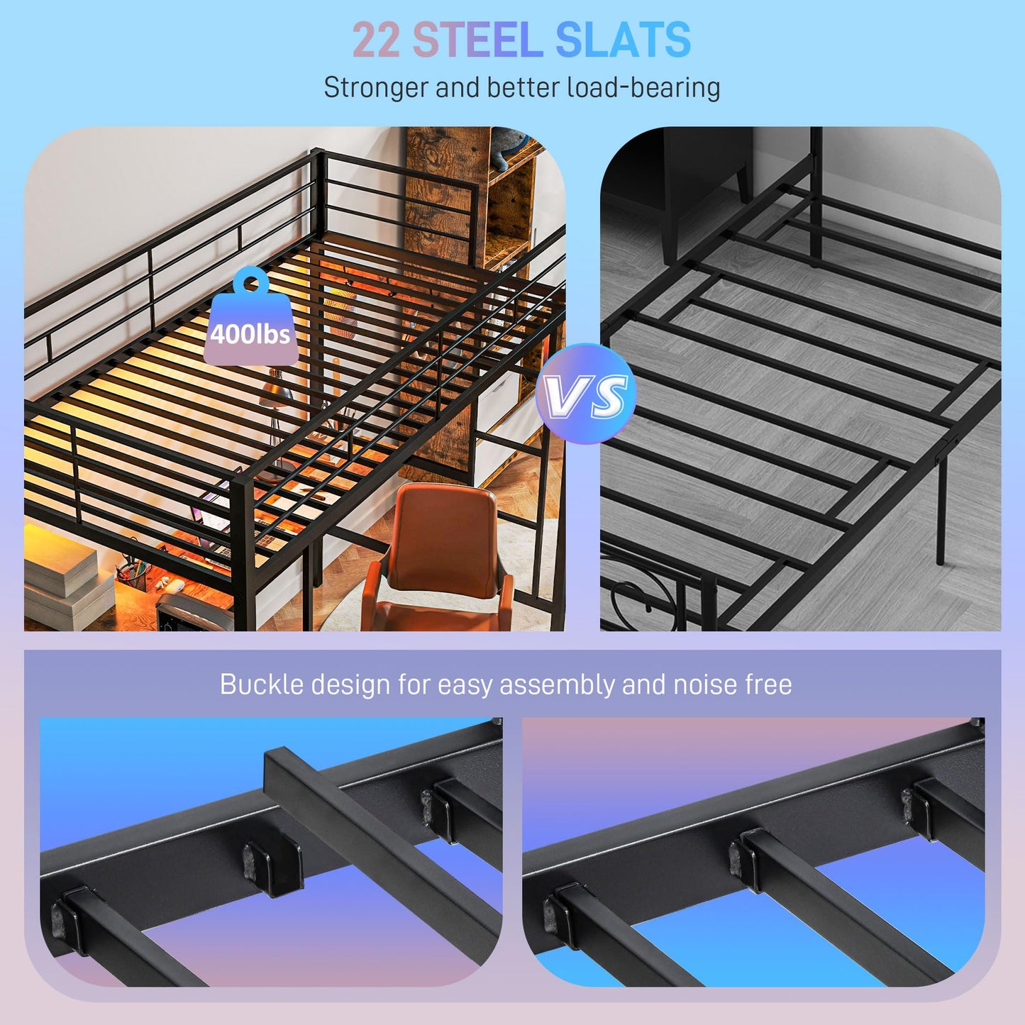 HomCom Twin Size with L-Shaped Desk, LED Lights, Charging Station, for Teens Adults, Twin Loft - B0DRJ5SBHF