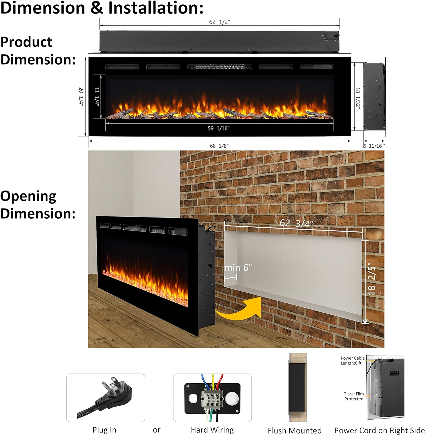 PuraFlame Alice Electric Fireplace 68" Recessed with Heater 1500W New - RF175B