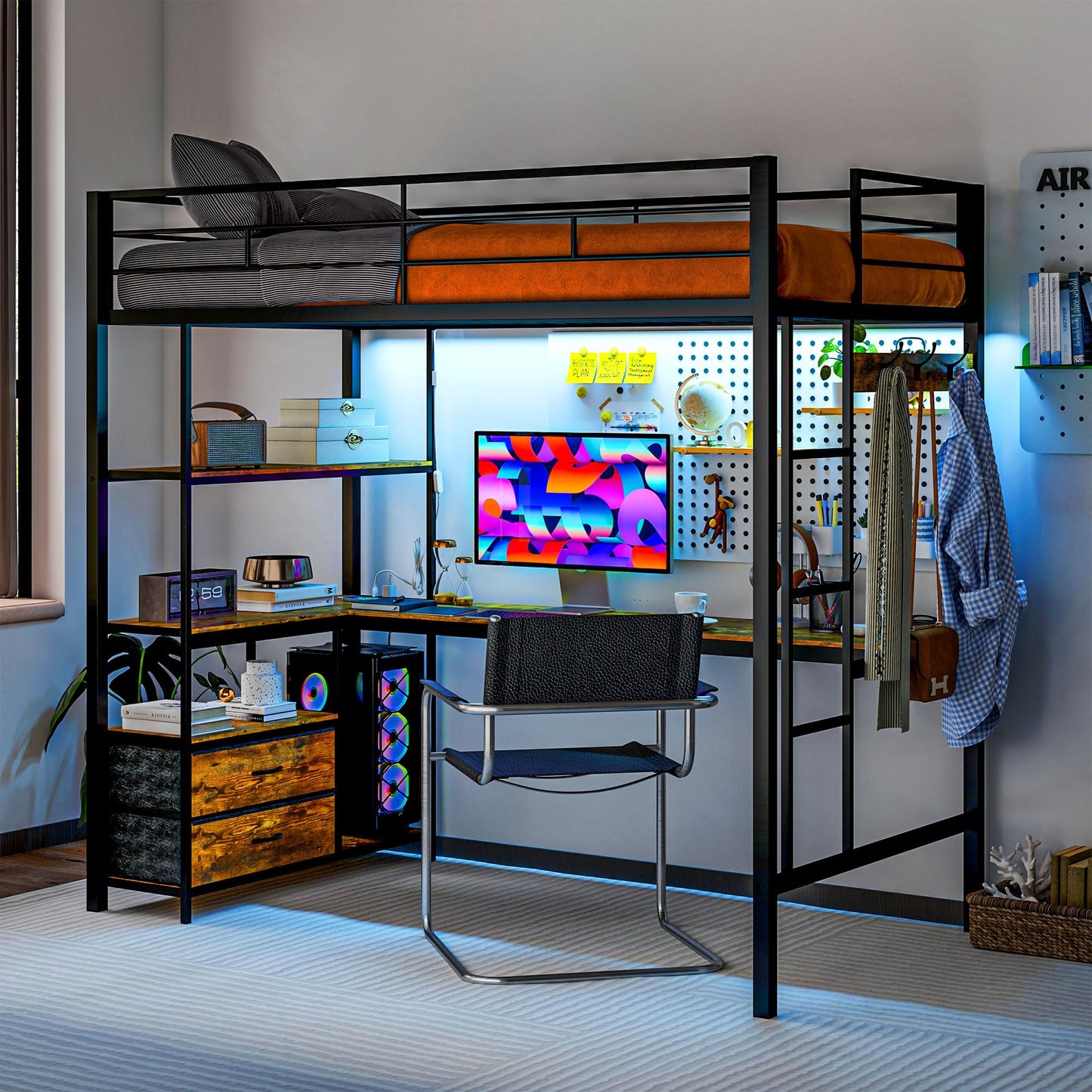 HomCom Twin Size with L-Shaped Desk, LED Lights, Charging Station, for Teens Adults, Twin Loft - B0DRJ5SBHF