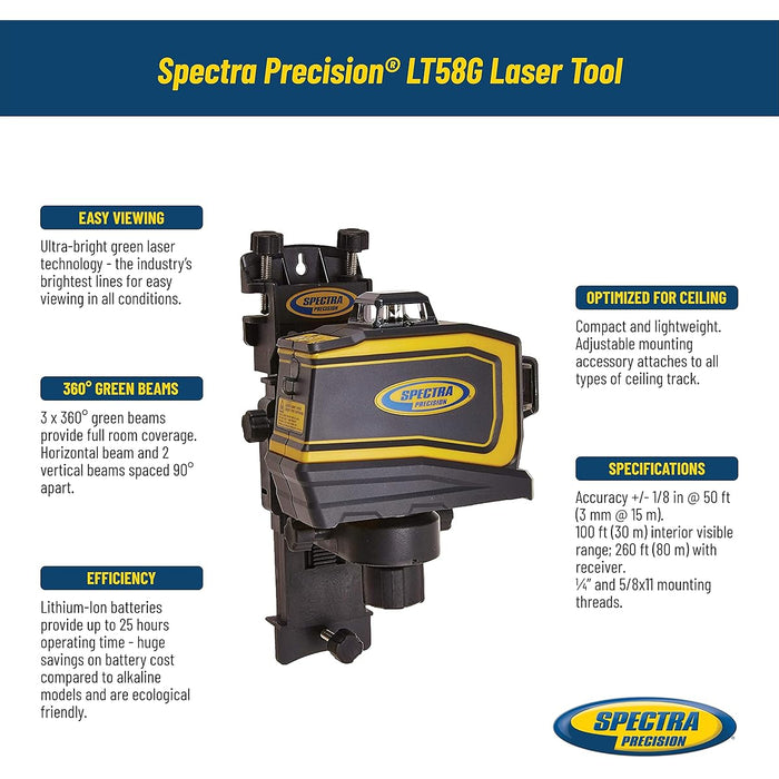 Spectra Precision Green Laser Level Tool, 3 x 360°, Ultra Bright Technology, Laser Class 2 <1mW, Best for Ceiling Work - LT58G