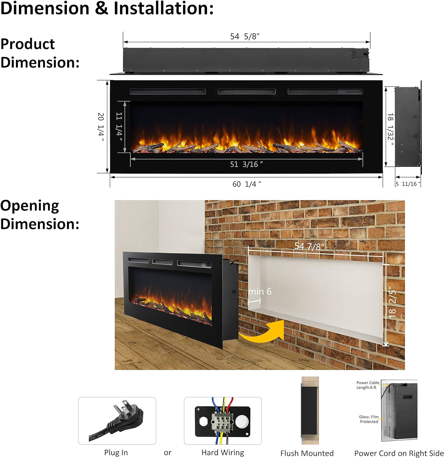 PuraFlame Alice Electric Fireplace 60" Recessed with Heater 1500W New - RF174B