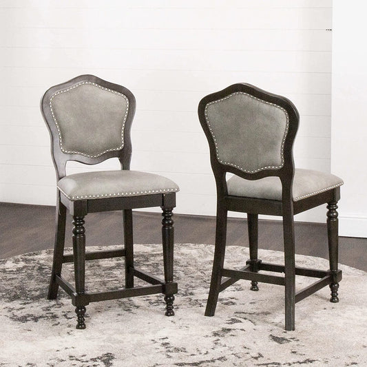 Sunset Trading Vegas Upholstered Barstools with Backs | Counter Height Dining Chairs | Distressed Gray Wood | Nailheads | Set of 2 -  CR-87711-24-2