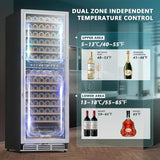 EUHOMY 24 Inch Wine Fridge Dual Zone, 154 Bottle Wine Cooler Refrigerator with Glass Door, Powerful Compressor Cooling - BRU-14