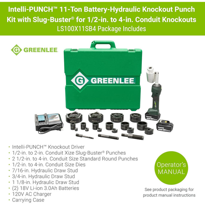 Greenlee Intelli-PUNCH 11-Ton Battery-Hydraulic Knockout Punch Kit with Slug-Buster, 1/2" - 4" - LS100X11SB4