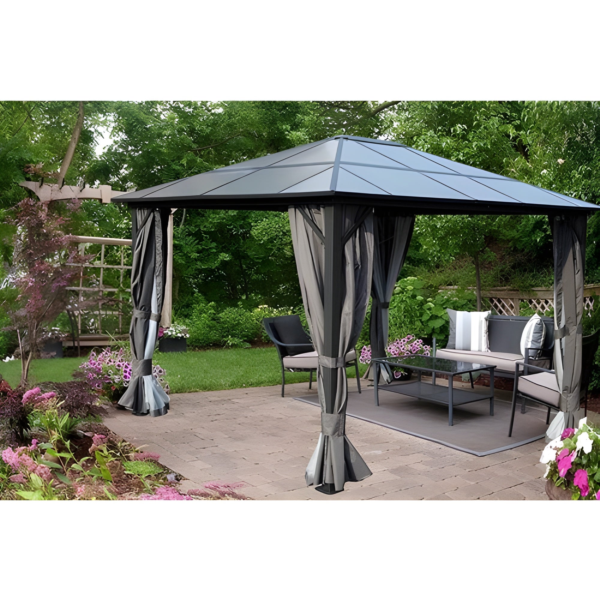 Kozyard 10ftx12ft' Polycarbonate Top Aluminum Permanent Gazebo with a Mosquito Net and Privacy Curtain - KZG811GR