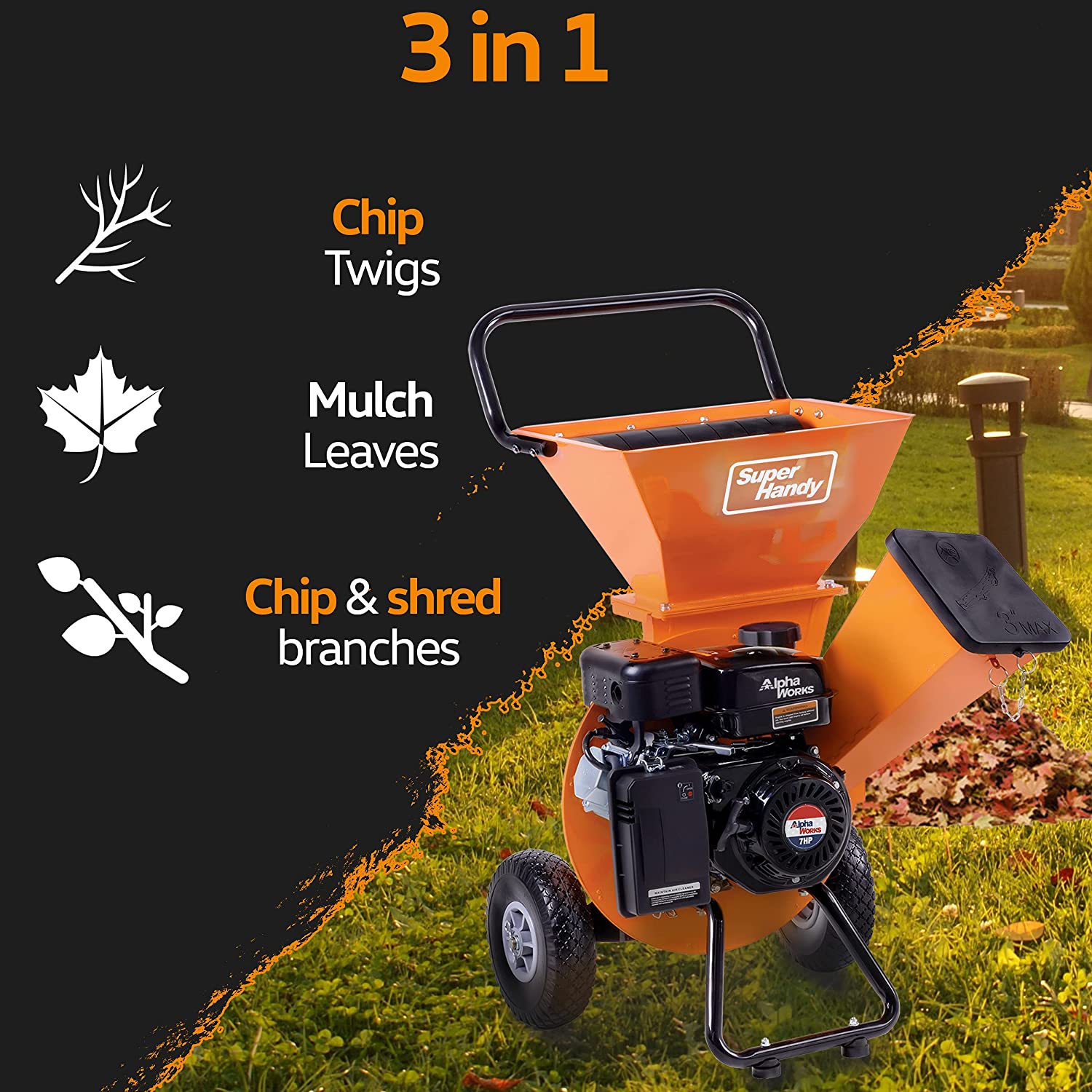 Super Handy GUO019 Wood Chipper Shredder Mulcher Ultra Heavy Duty 7HP 3 in 1 Multi-Function 3" Max Capacity New