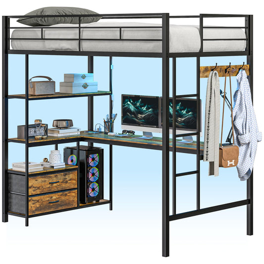 HomCom Twin Size with L-Shaped Desk, LED Lights, Charging Station, for Teens Adults, Twin Loft - B0DRJ5SBHF