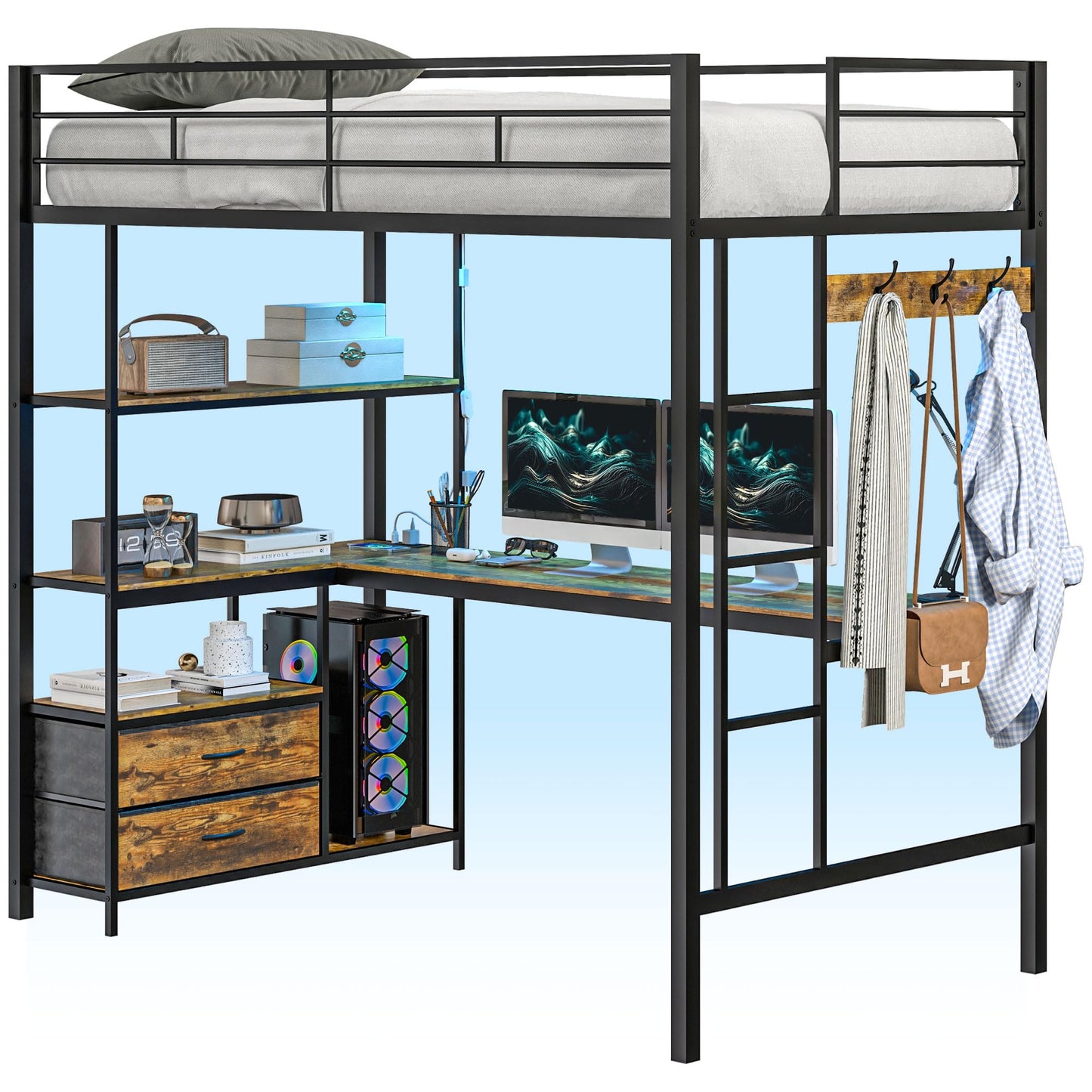 HomCom Twin Size with L-Shaped Desk, LED Lights, Charging Station, for Teens Adults, Twin Loft - B0DRJ5SBHF