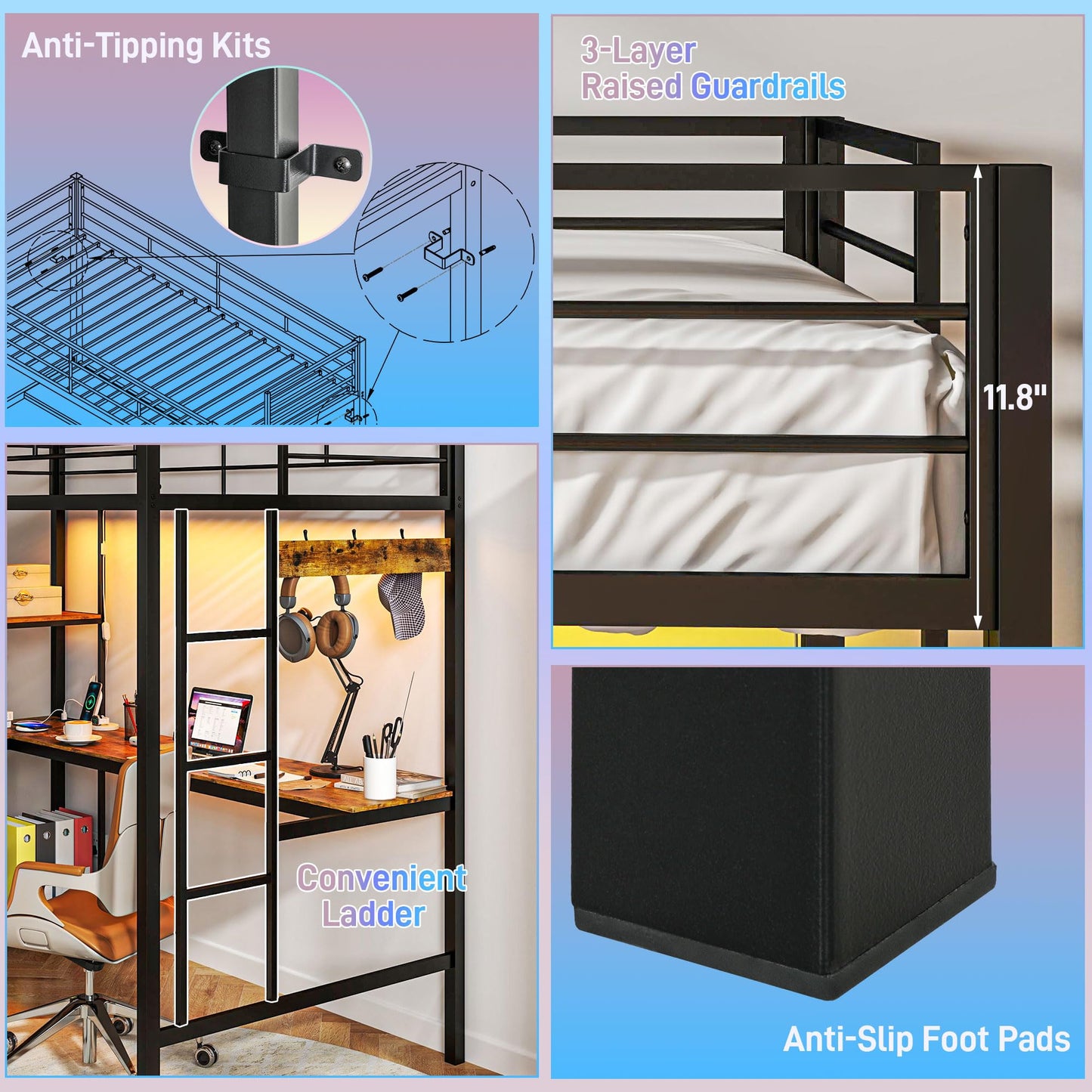 HomCom Twin Size with L-Shaped Desk, LED Lights, Charging Station, for Teens Adults, Twin Loft - B0DRJ5SBHF