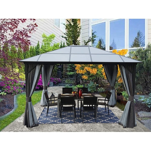 Kozyard 10ftx12ft' Polycarbonate Top Aluminum Permanent Gazebo with a Mosquito Net and Privacy Curtain - KZG811GR