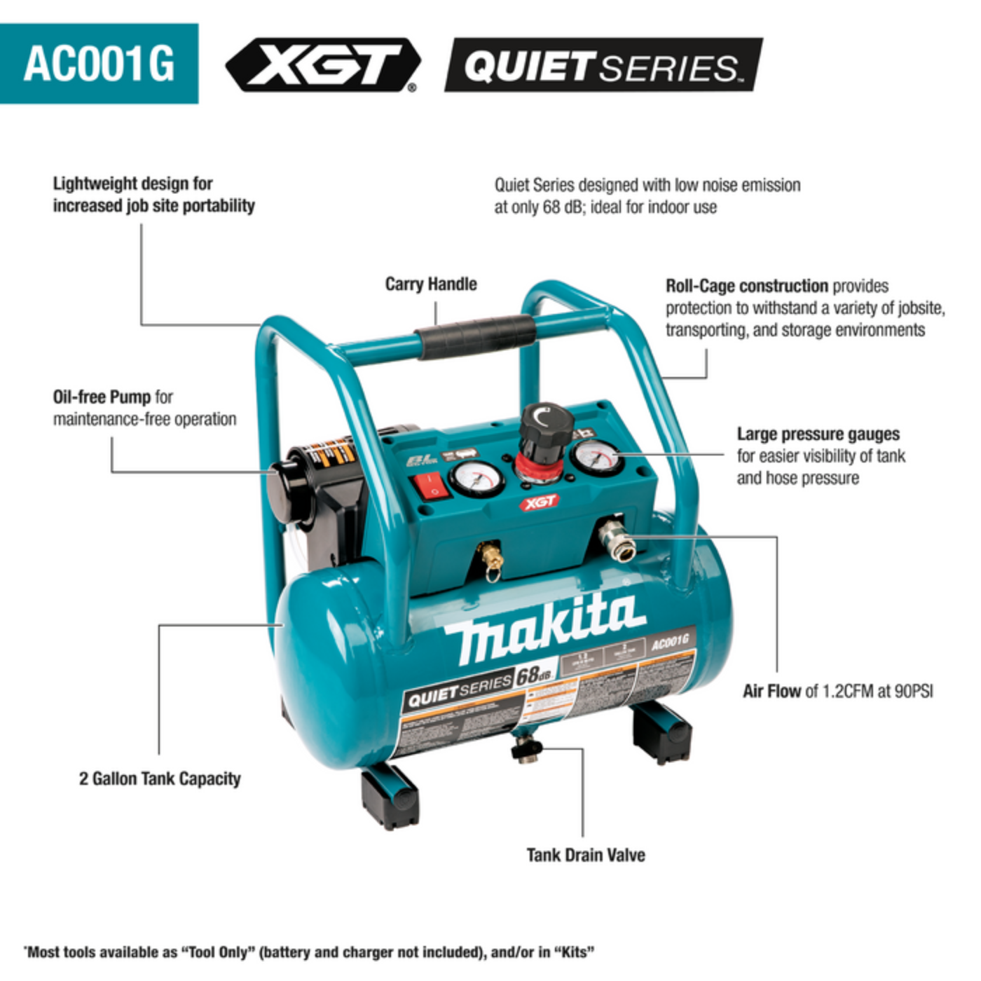Makita 40V max XGT Brushless Cordless 2 Gallon Quiet Series Compressor Kit  - AC001GM1