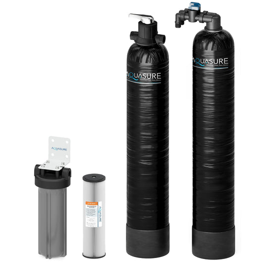 Aquasure Serene Series | 10 GPM Salt-Free Conditioning Bundle with Fortitude Pro Whole House Water Treatment System & Pleated Sediment Pre-Filter - AS-SF10CK