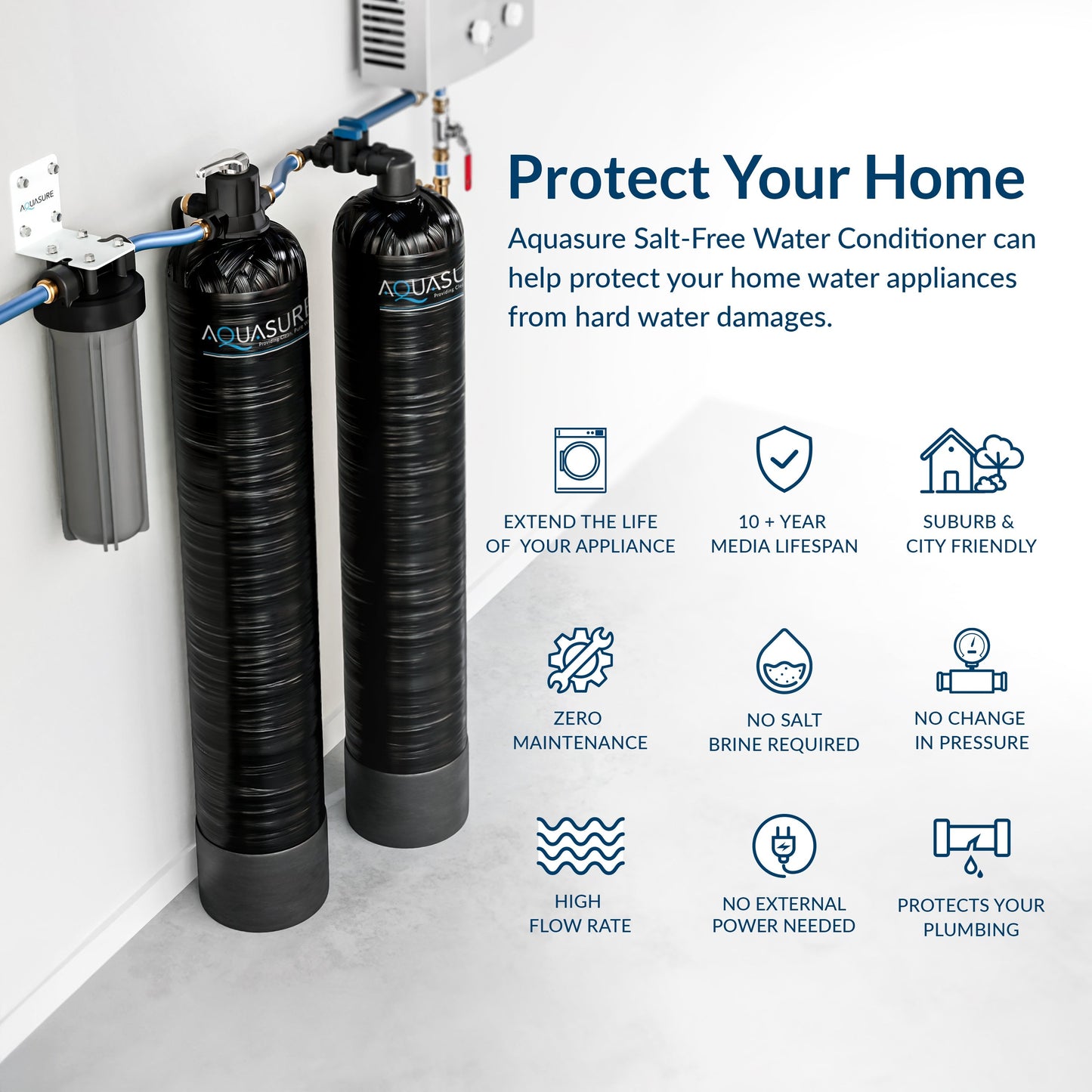 Aquasure Serene Series | 10 GPM Salt-Free Conditioning Bundle with Fortitude Pro Whole House Water Treatment System & Pleated Sediment Pre-Filter - AS-SF10CK