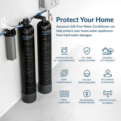 Aquasure Serene Series | 10 GPM Salt-Free Conditioning Bundle with Fortitude Pro Whole House Water Treatment System & Pleated Sediment Pre-Filter - AS-SF10CK