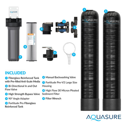Aquasure Serene Series | 10 GPM Salt-Free Conditioning Bundle with Fortitude Pro Whole House Water Treatment System & Pleated Sediment Pre-Filter - AS-SF10CK