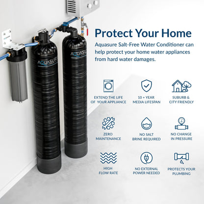 Aquasure Serene Series | 15 GPM Salt-Free Conditioning Bundle with Fortitude Pro Whole House Water Treatment System & Pleated Sediment Pre-Filter - AS-SF15CK