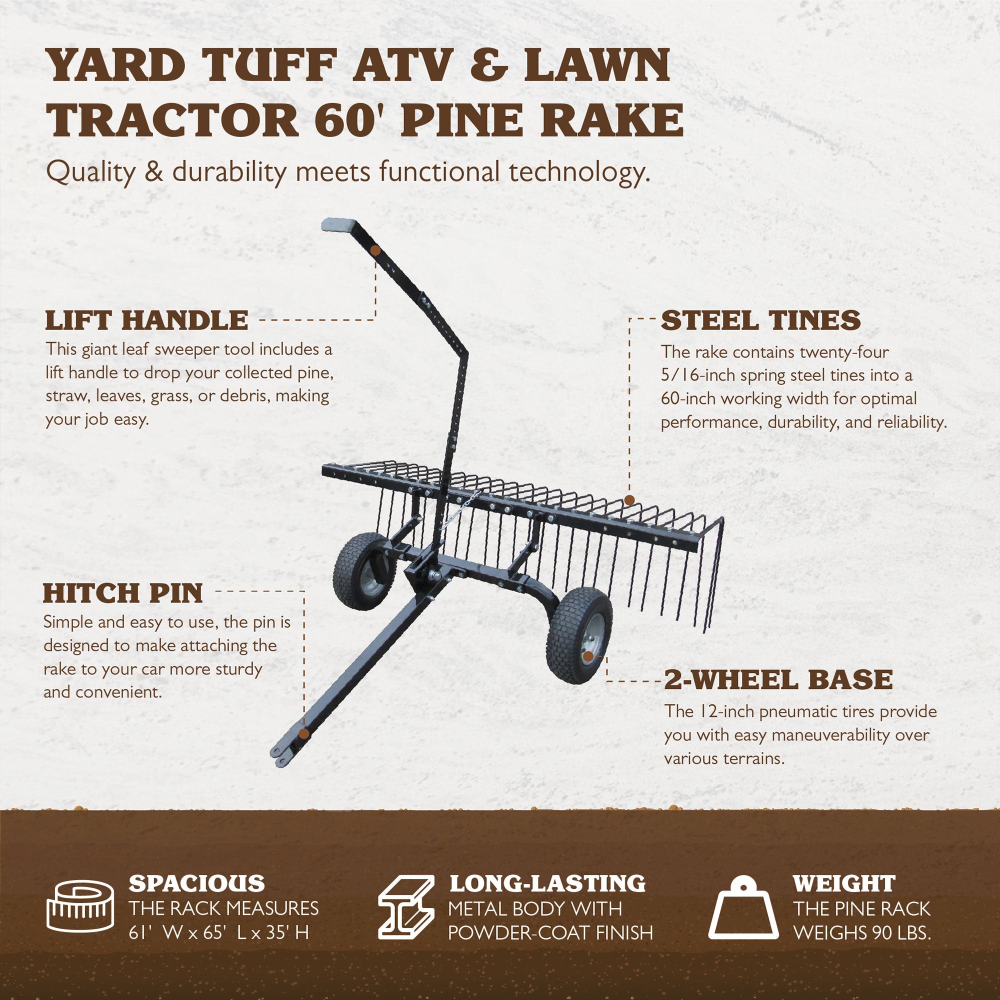 Yard Tuff 60" ATV Tow Behind Steel Lawn Landscape Rake w/ Wheels & Handle - 88985