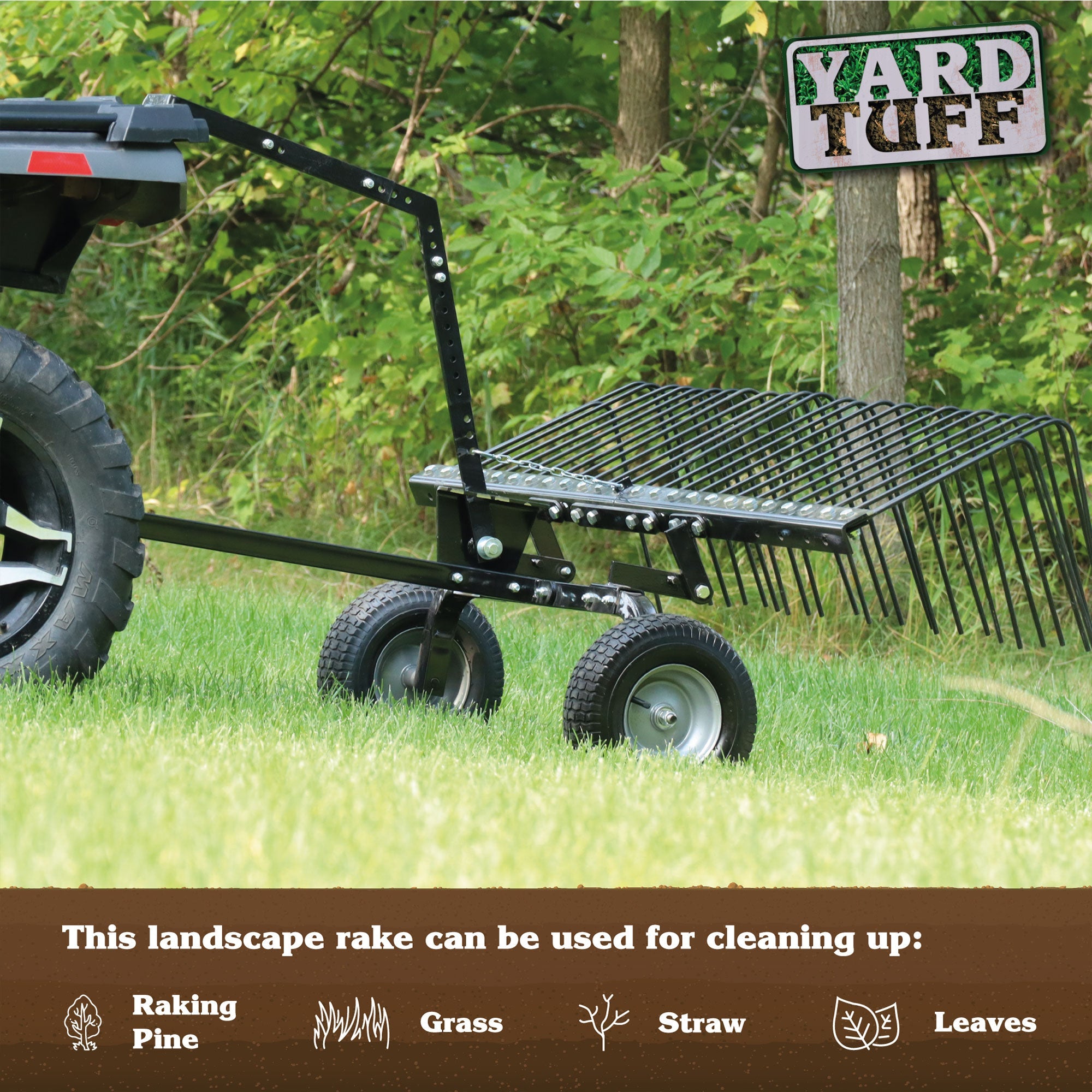 Yard Tuff 60" ATV Tow Behind Steel Lawn Landscape Rake w/ Wheels & Handle - 88985