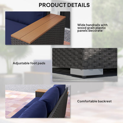 Outsunny 3-Seat Rattan Patio Couch with Cushions and Wood Grain Wide Armrests, Navy Blue - 860-304V00DB