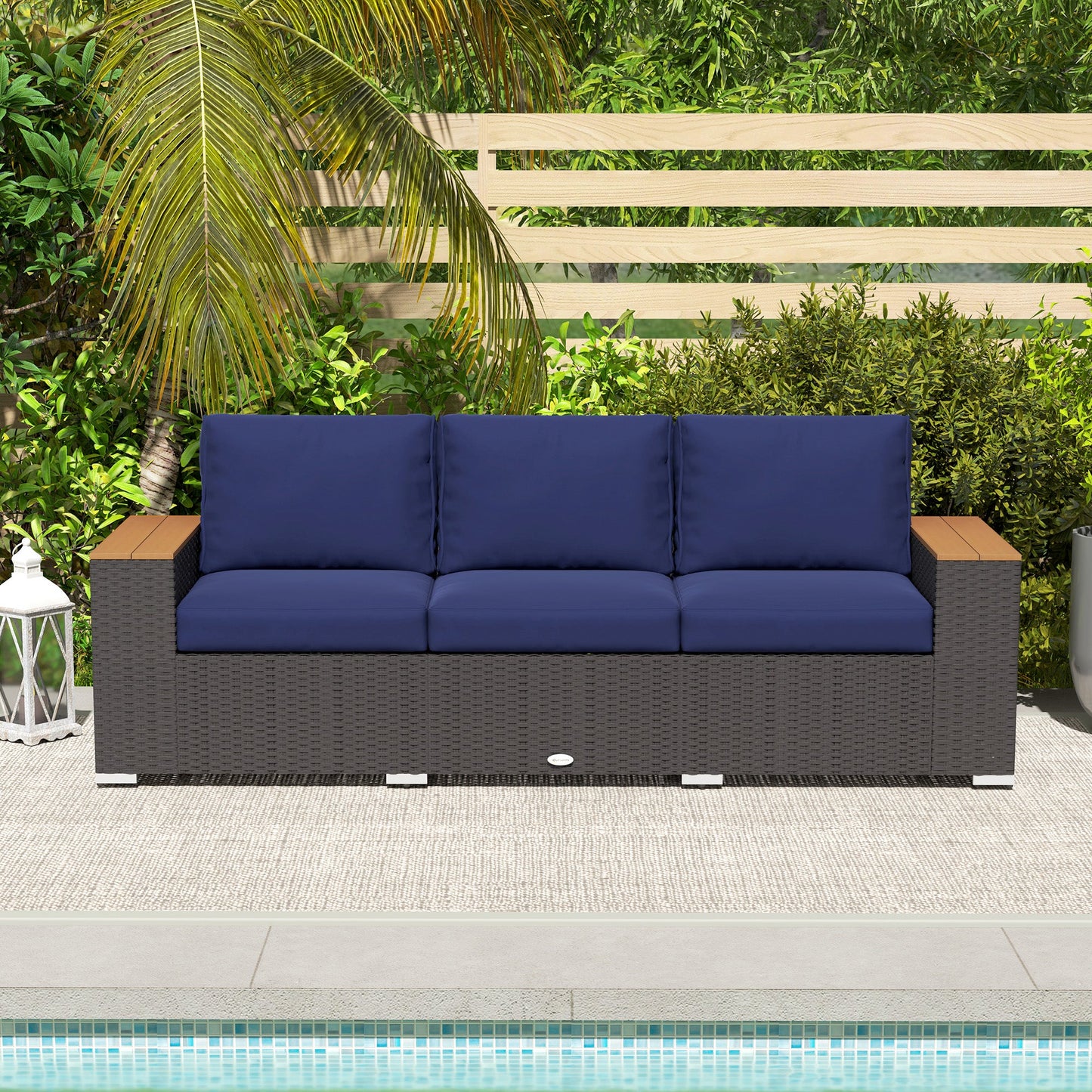 Outsunny 3-Seat Rattan Patio Couch with Cushions and Wood Grain Wide Armrests, Navy Blue - 860-304V00DB