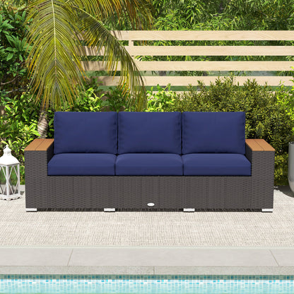 Outsunny 3-Seat Rattan Patio Couch with Cushions and Wood Grain Wide Armrests, Navy Blue - 860-304V00DB