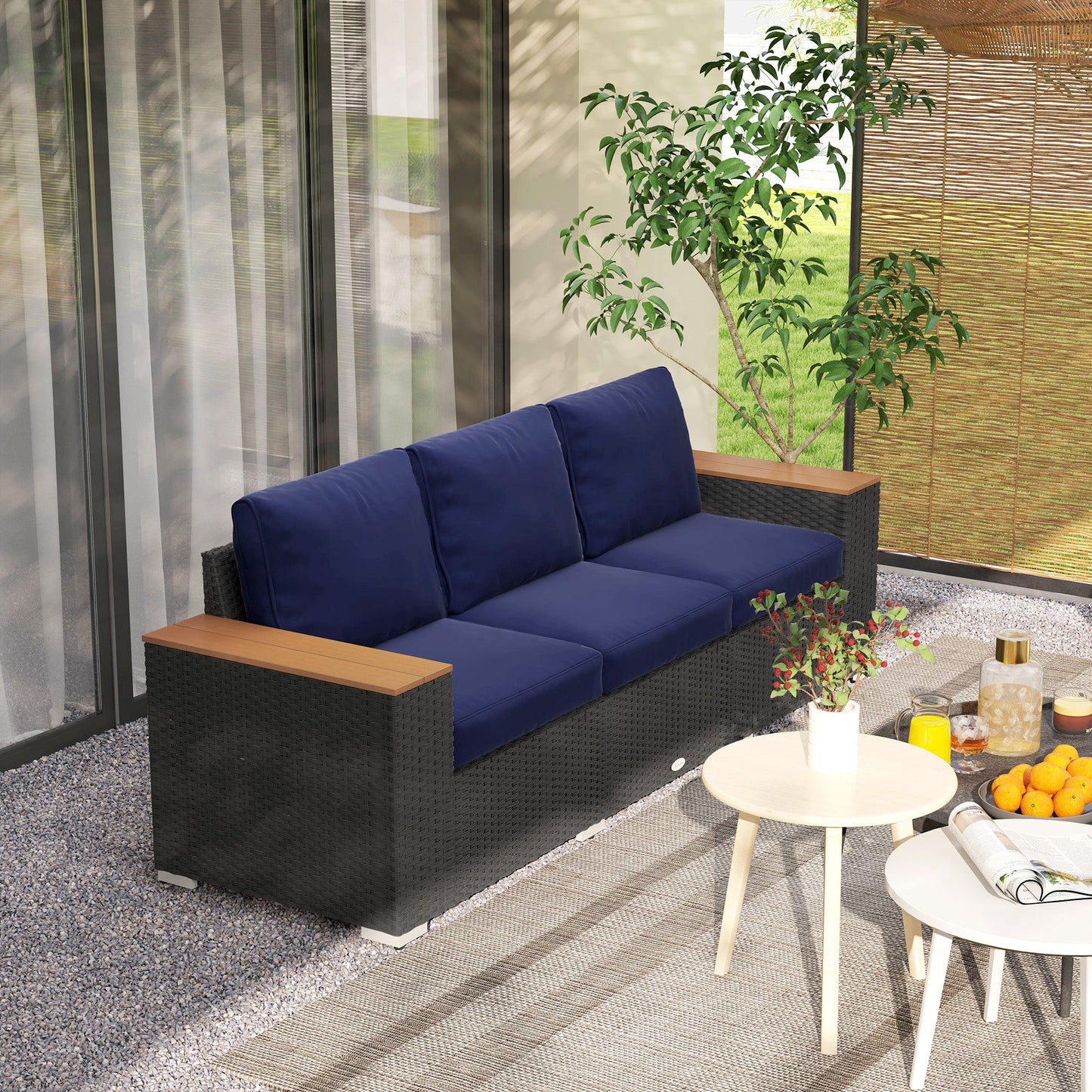 Outsunny 3-Seat Rattan Patio Couch with Cushions and Wood Grain Wide Armrests, Navy Blue - 860-304V00DB