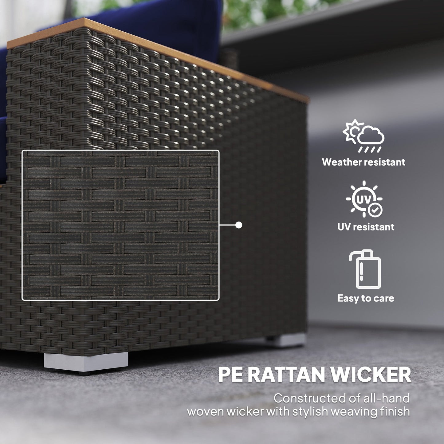 Outsunny 3-Seat Rattan Patio Couch with Cushions and Wood Grain Wide Armrests, Navy Blue - 860-304V00DB