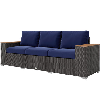 Outsunny 3-Seat Rattan Patio Couch with Cushions and Wood Grain Wide Armrests, Navy Blue - 860-304V00DB