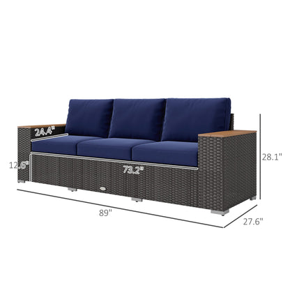 Outsunny 3-Seat Rattan Patio Couch with Cushions and Wood Grain Wide Armrests, Navy Blue - 860-304V00DB