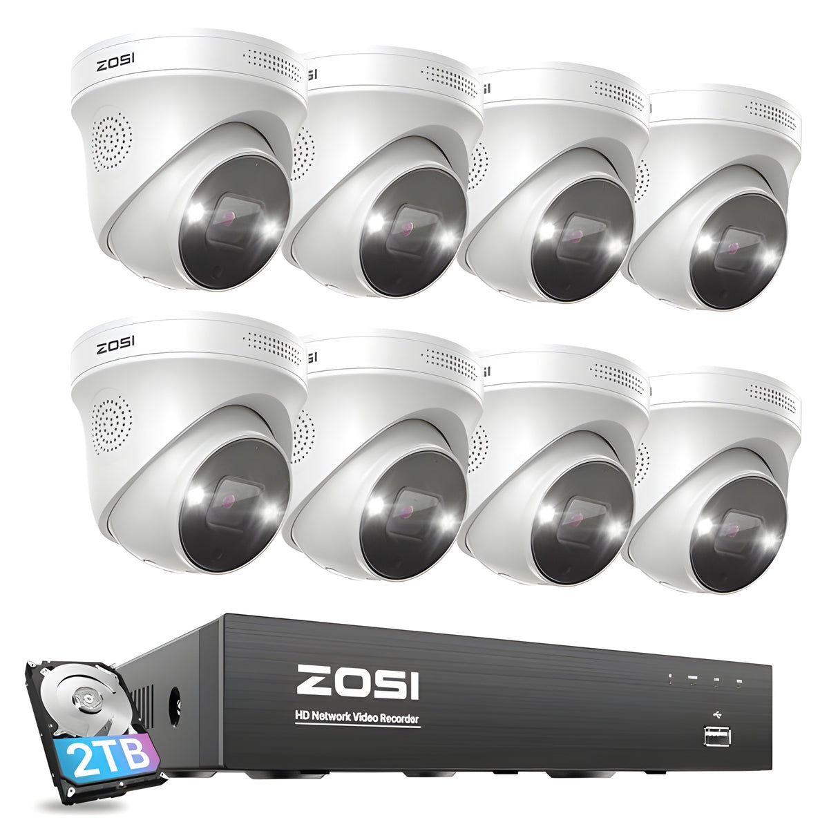 Zosi C225 4K 8 Channel Spotlight PoE Camera System + 2TB Hard Drive - C225