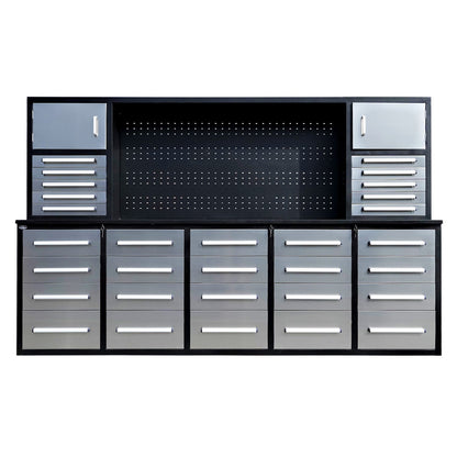 Chery Industrial 9.5ft Storage Workbench with 30 Drawers & 2 Cabinets & 1 Pegboard - SUIWB9530SS01