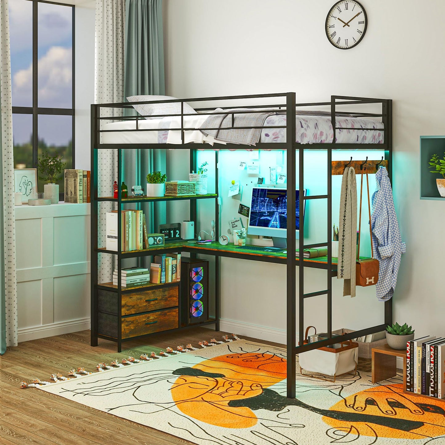 HomCom Twin Size with L-Shaped Desk, LED Lights, Charging Station, for Teens Adults, Twin Loft - B0DRJ5SBHF