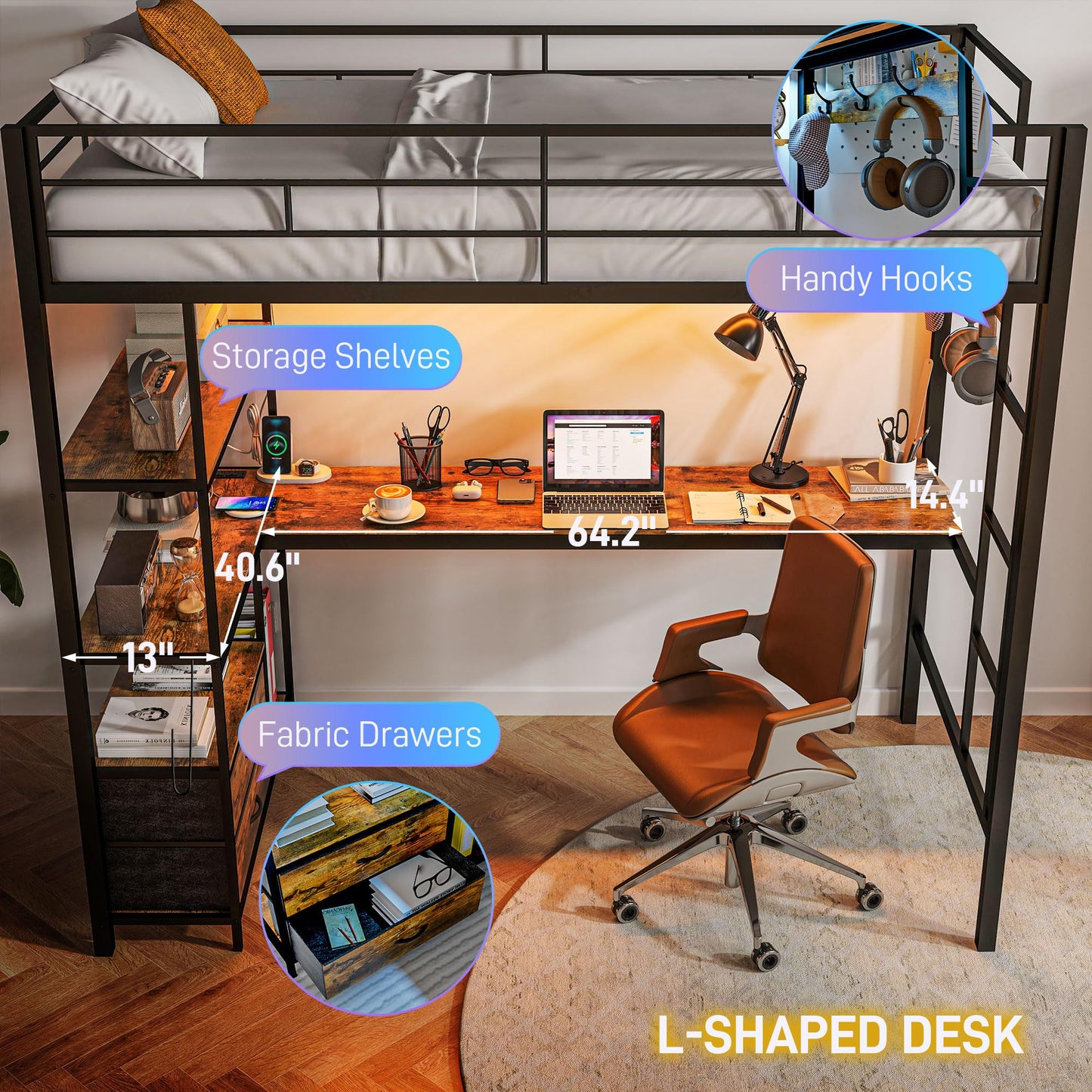 HomCom Twin Size with L-Shaped Desk, LED Lights, Charging Station, for Teens Adults, Twin Loft - B0DRJ5SBHF