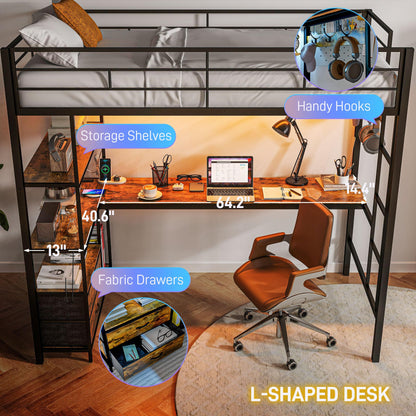 HomCom Twin Size with L-Shaped Desk, LED Lights, Charging Station, for Teens Adults, Twin Loft - B0DRJ5SBHF