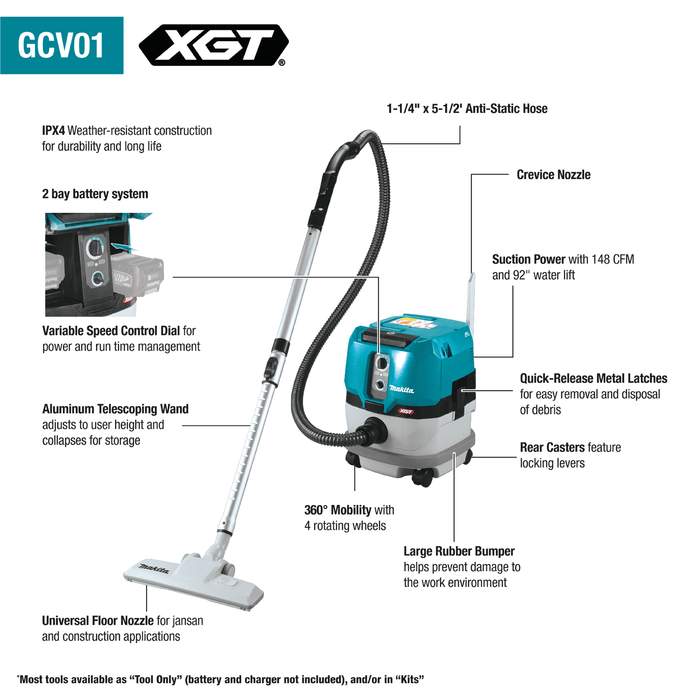 Makita 40V Max XGT Brushless Cordless 2.1 Gallon Wet/Dry Dust Extractor/Vacuum Bare Tool - GCV01Z