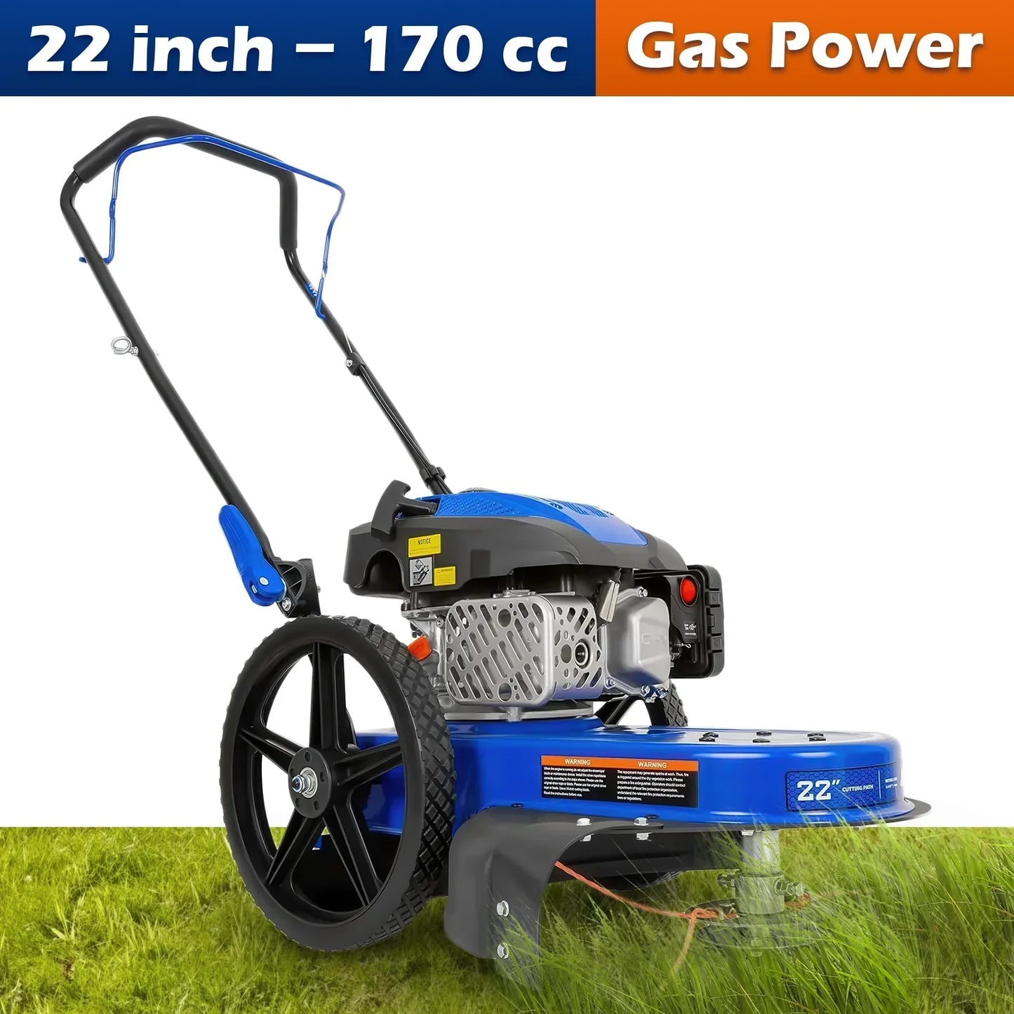 BILT HARD Walk Behind String Trimmer, 170cc 4-Cycle Gas Brush Hog Mower, 22" Cutting, 14" Flat Free Wheels – TJA-1053