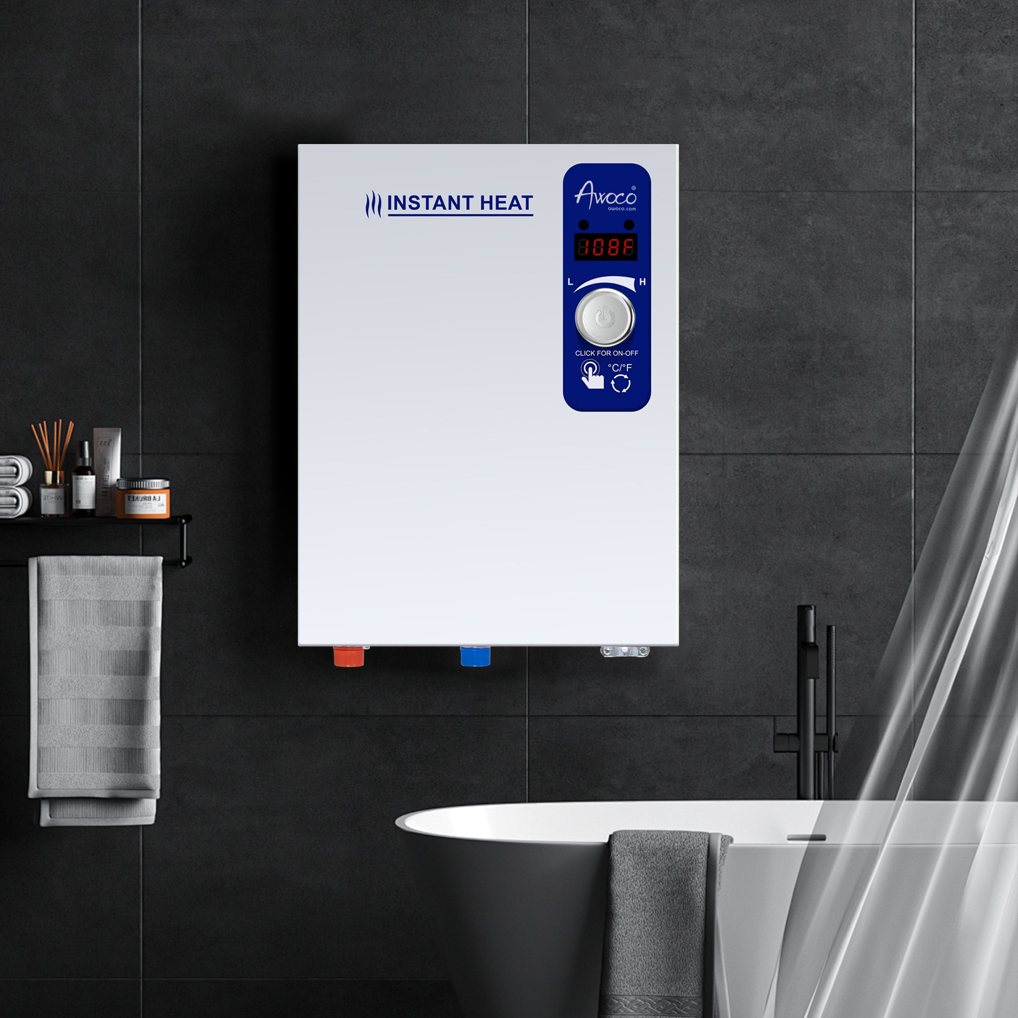 Awoco Electric Tankless Water Heater, 208-240V Adjustable Instant Heat Water Heater with Digital Temperature Display, Easy Install for Residential Whole Shower - WH-EL18K